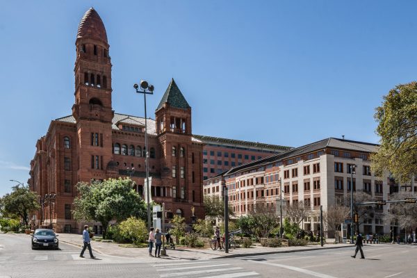 The historic red-brick Bexar County Courthouse building in downtown San Antonio