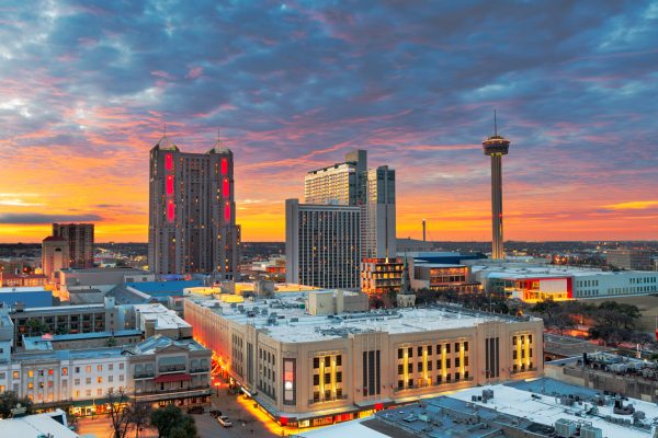San Antonio, Texas, USA skyline from above at dawn.